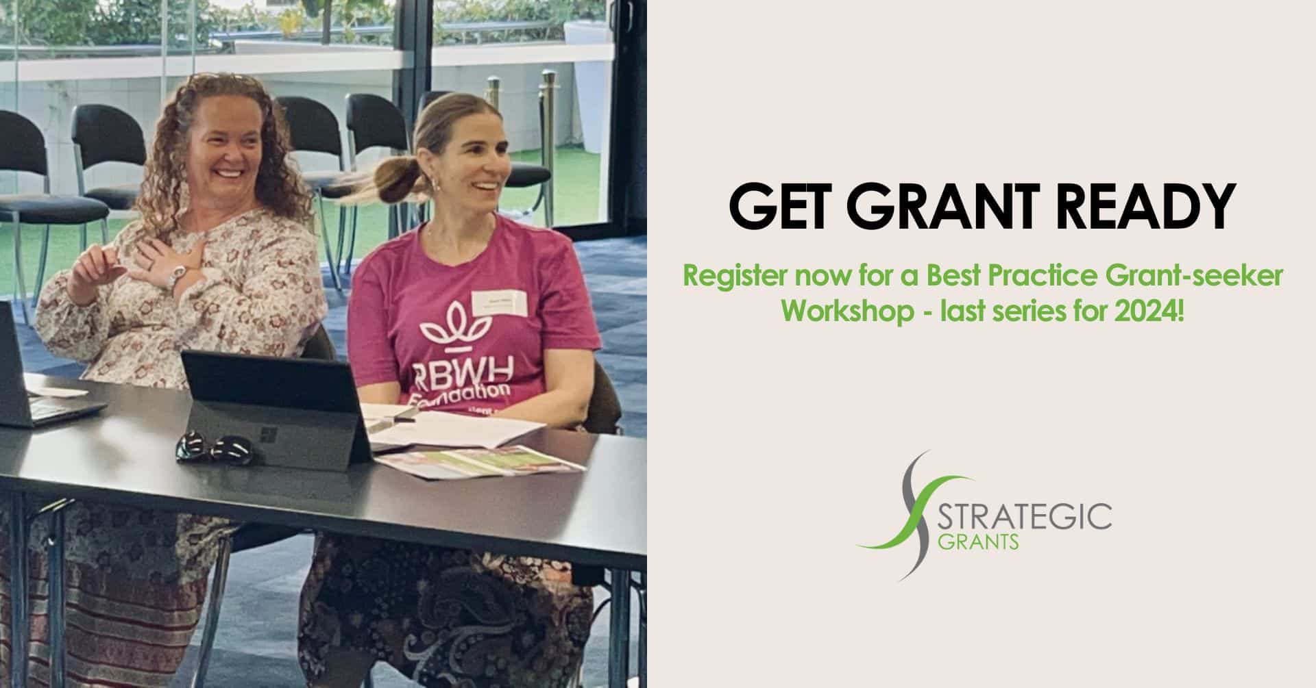 Two women smiling and looking off in the distance. Strategic Grants grant-seeker workshops.